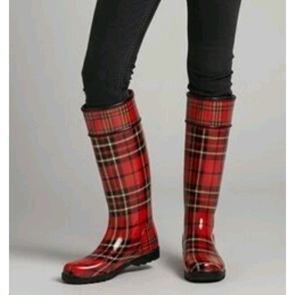 Sperry Top-Sider Womens Rubber Tall Waterproof Rain Boots Size 9 Plaid Red Black